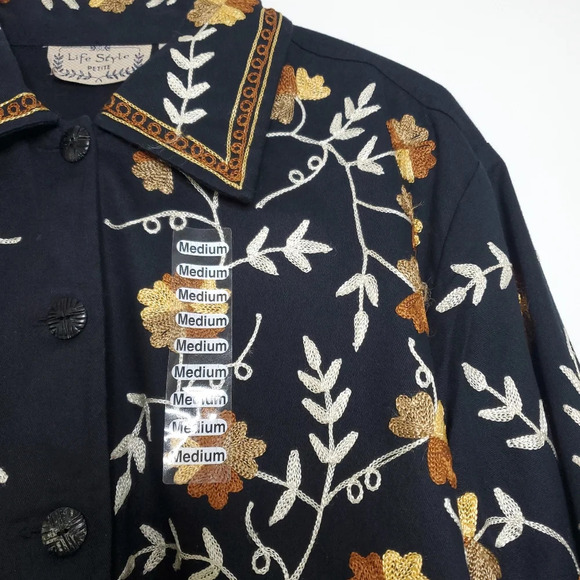 Nwot Life Style Petite Embroidered Floral Jacket Medium Black Long Sleev… - Picture 9 of 12
